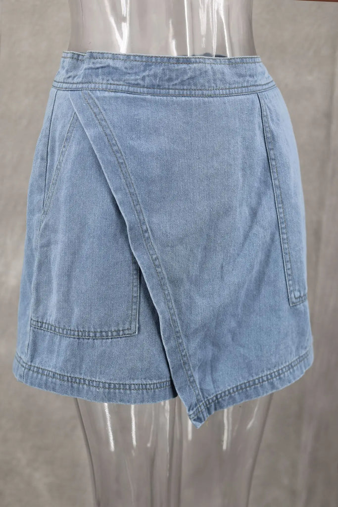 2024 Summer Women Blue Denim Skirt Suit Loose 2 Piece Set Short Sleeve with Pocket Shirt and Irregular Skirt Female Street Out