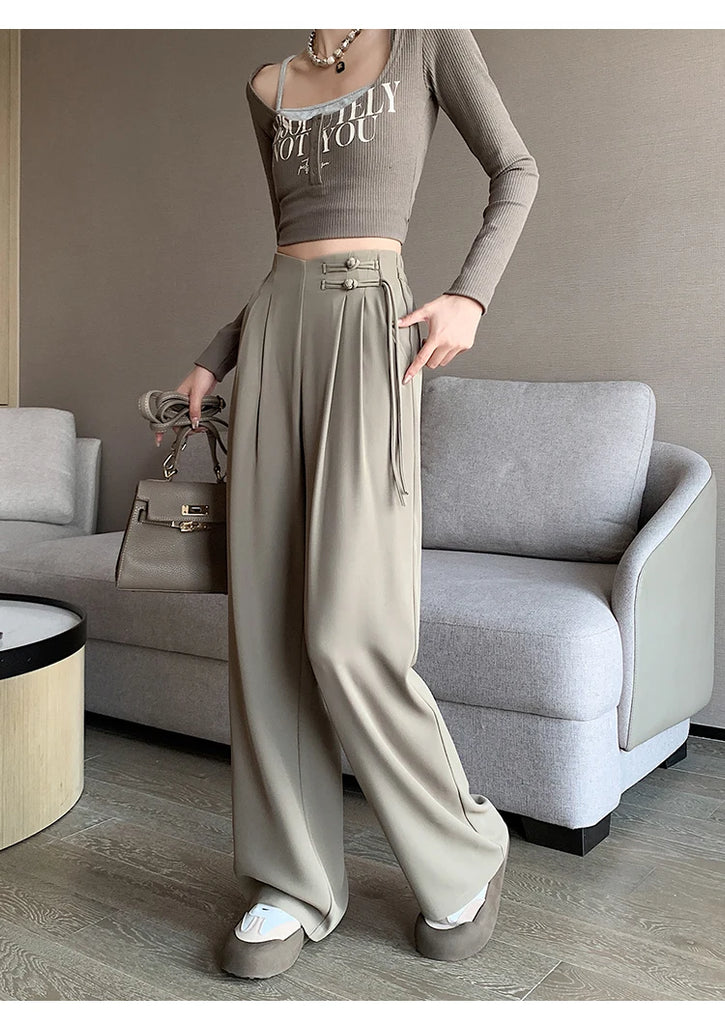 High Waist Buttons Suit Wide Leg Women's Full Pants 2024 New Spring Summer Female Elegant Minimalism Straight Loose Trousers