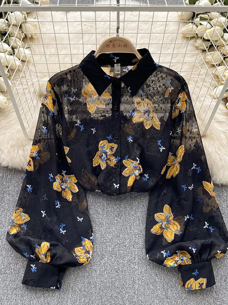 Spring Autumn Temperament Fashion Retro Chiffon Floral Blouses Print Loose Lapel Puff Sleeve Top Button Up Shirt Female GD611