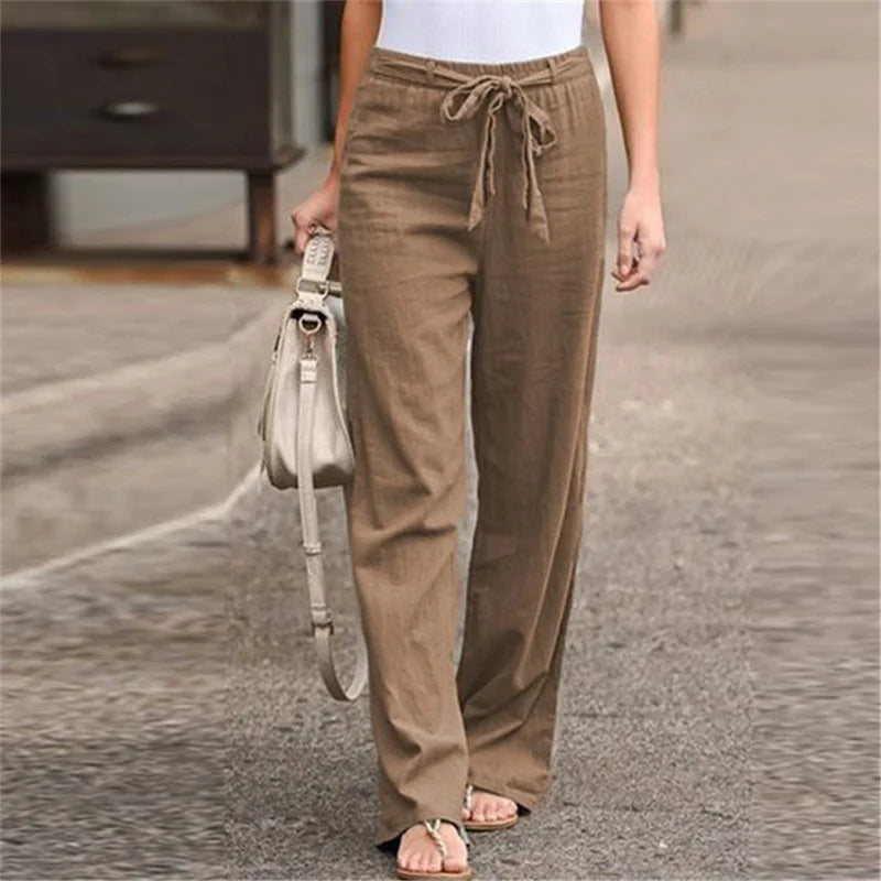 2023 Autumn Women's Summer Elastic Waist Pure Cotton Hemp Strap Loose Pants