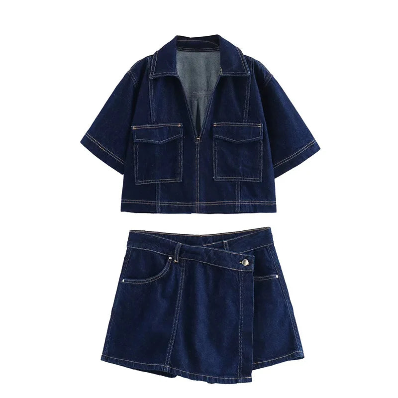 Women's 2024 Summer New Fashion Short Sleeve Cropped Denim Shirt + Retro High Waist Side Pocket Denim Culottes