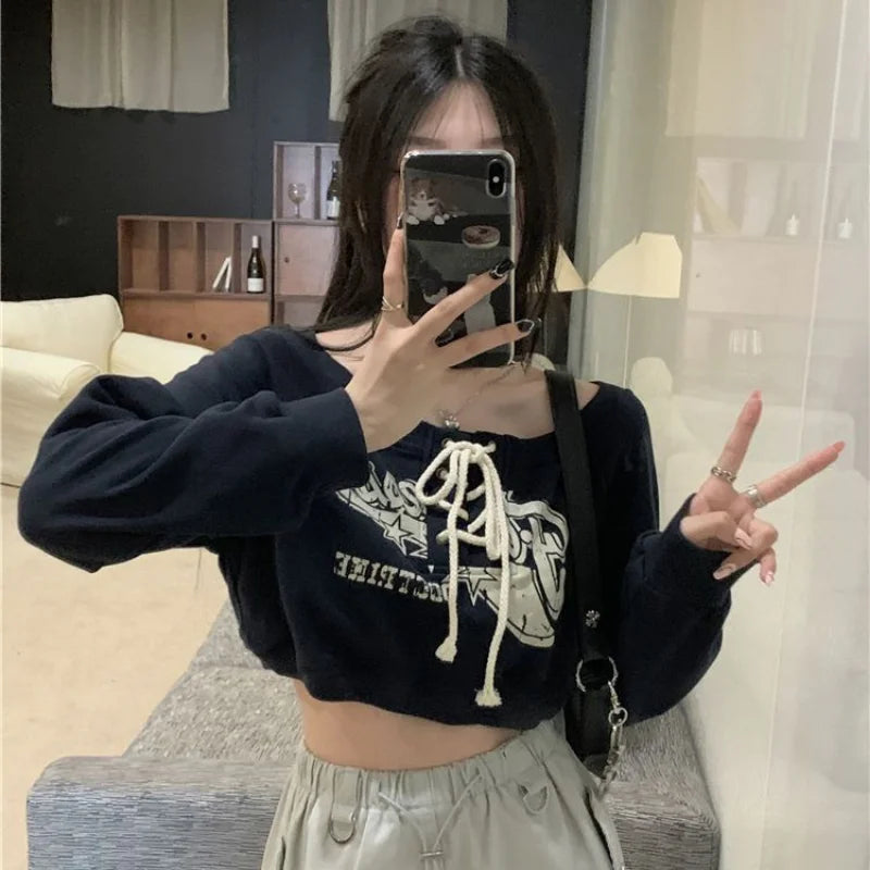 GIDYQ Korean Letter Print Short Sweatshirts Women Y2k Off Shoulder Long Sleeve Sweater Harajuku Slim Lace Up Vintage Student Top