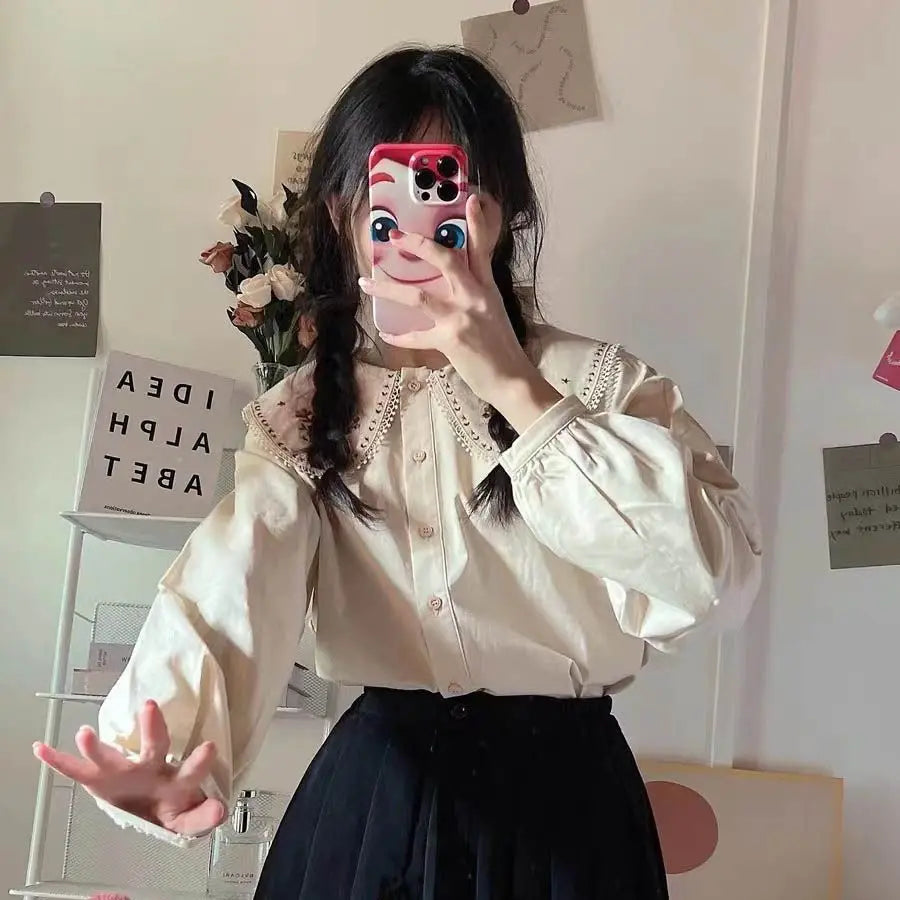 Peter Pan Collar Shirts Women Cute Korean Style Vintage Students Pure Girls Harajuku Female Fashion Chic Tops New Arrival Autumn