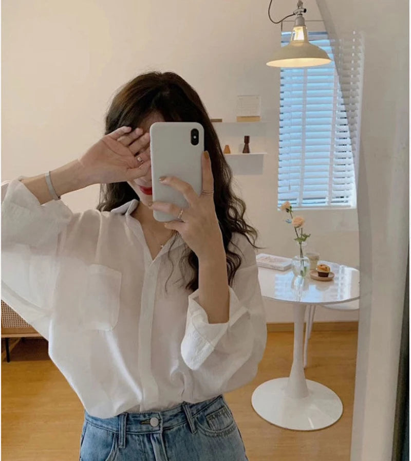 White Shirt Women Fashion Simple Preppy Style Summer Thin Top Casual All Match Korean Loose Long Sleeve Sunscreen Blouse New