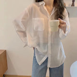 White Shirt Women Fashion Simple Preppy Style Summer Thin Top Casual All Match Korean Loose Long Sleeve Sunscreen Blouse New