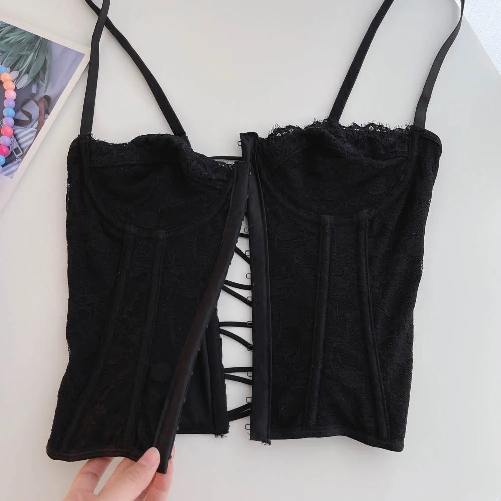 Sexy Embroidery Lace Women Camis Tops Women Corset Bralette Cami Front Buttons Crop Cute Vest Elegant French Chic Party Clubwear