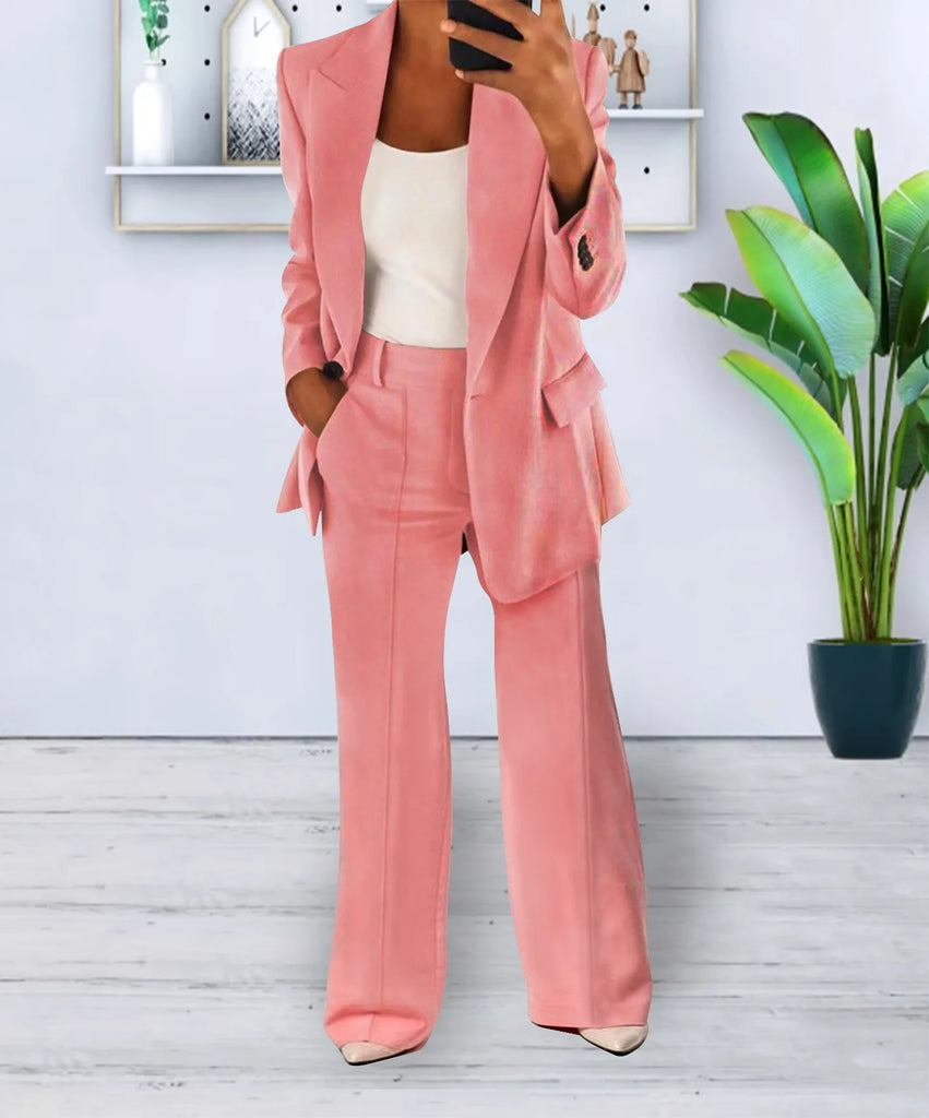 Autumn Winter Solid Color Blazer Women Long Sleeve Suit Simple Casual Pocket Fashion Temperament Female Office Pants 2 Piece Set