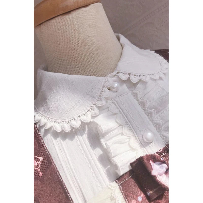 Japanese Preppy White Shirts Women Vintage Victorian Elegant Lace Ruffles Blouses Sweet Lolita Long Sleeve Slim Crop Tops New