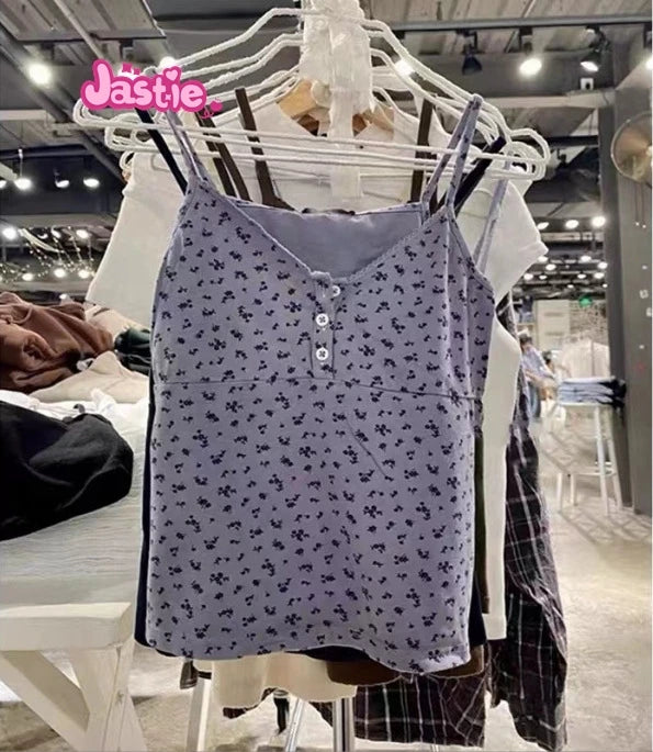 Vintage Floral Print Button Sleeveless Vests Women Summer New Cotton Soft Lace Slim V-neck Tank Tops Sweet Cute Chic Camis Y2K