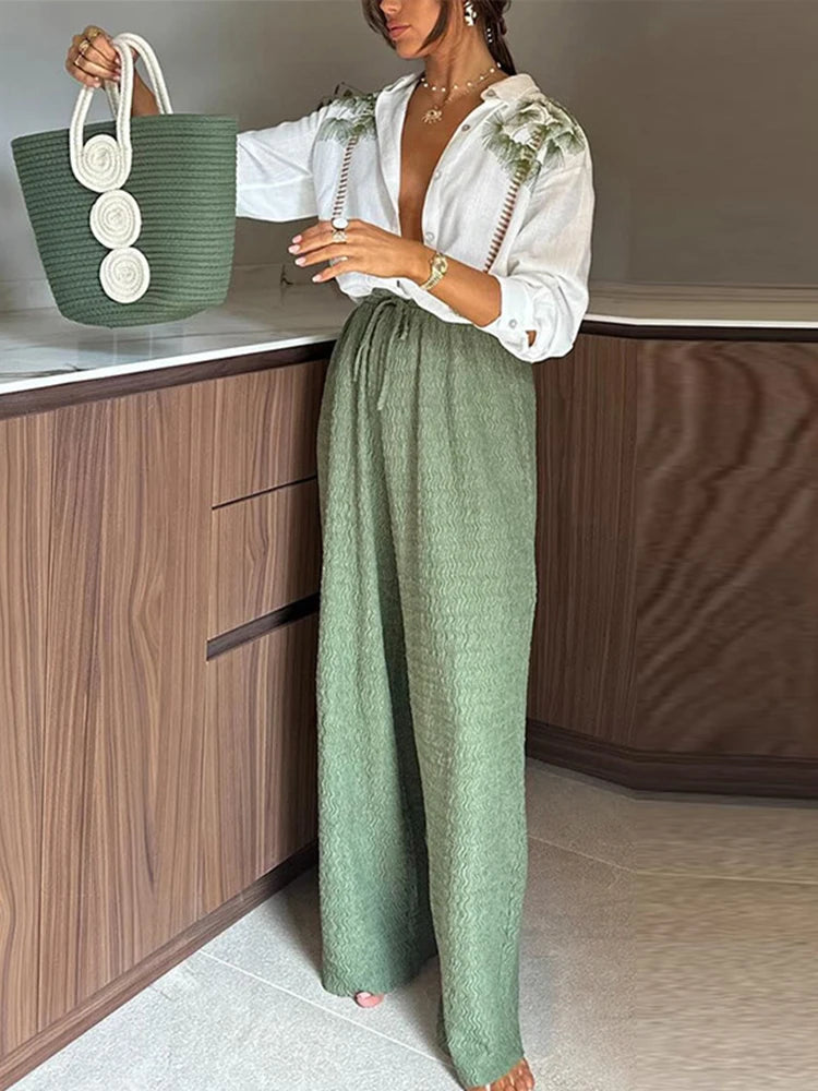 Casual Green Print Shirts Set Women Loose Single Breasted Blouses Pleated Drawstring Wide Leg Pants 2024 Summer Lady Outfit