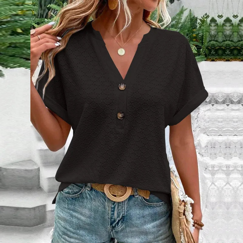 2023 New Fashion Women Blouses Casual Jacquard Button V-Neck Solid Loose Shirts Summer Short Sleeve Oversized Tops Female