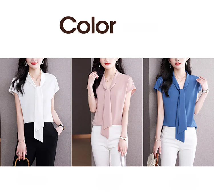 Bow Tie Blouse Shirt for Women OL Elegant Blouses Satin Womens Tops Silk Female Clothing 2023 Korean Fashion Short Sleeve Blouse