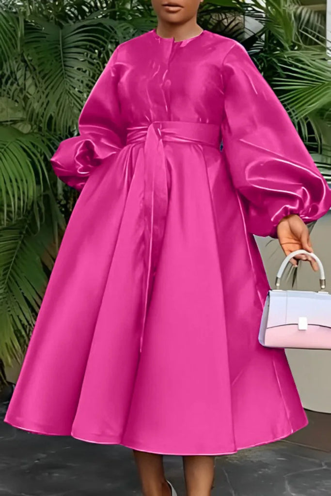 CM.YAYA Women Lantern Long Sleeve Button Front with Sashes Big Swing Satin Retro Dress 2024 Street Even Party Dresses Vestidos