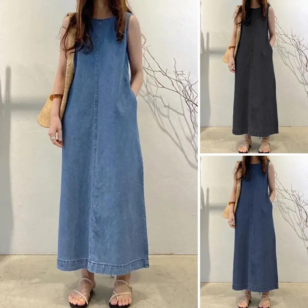 Femme Fashion Casual Loose Long Maxi Sundress Pleated Denim Vestido Sleeveless Robe Women Summer A Line Dress Overszie