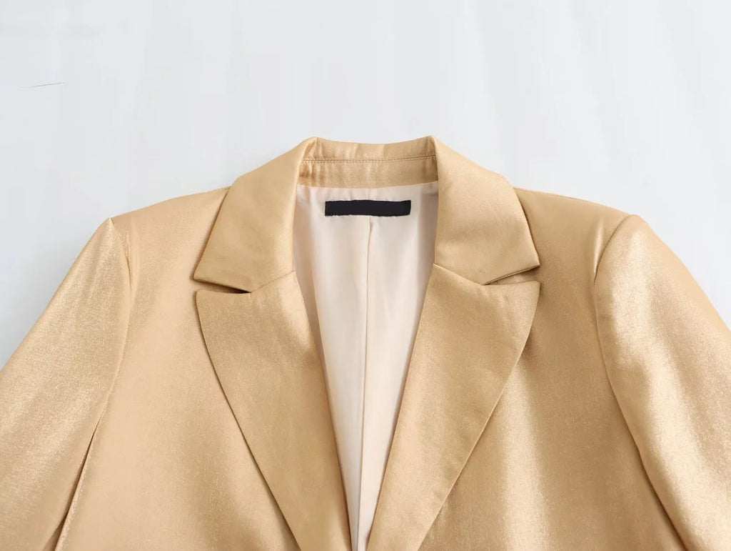 TRAFZA Spring Fashion Women Blazer Tops Gold Turn-Down Collar Long Sleeves Pockets Single Breasted Female Chic Coats Office Lady