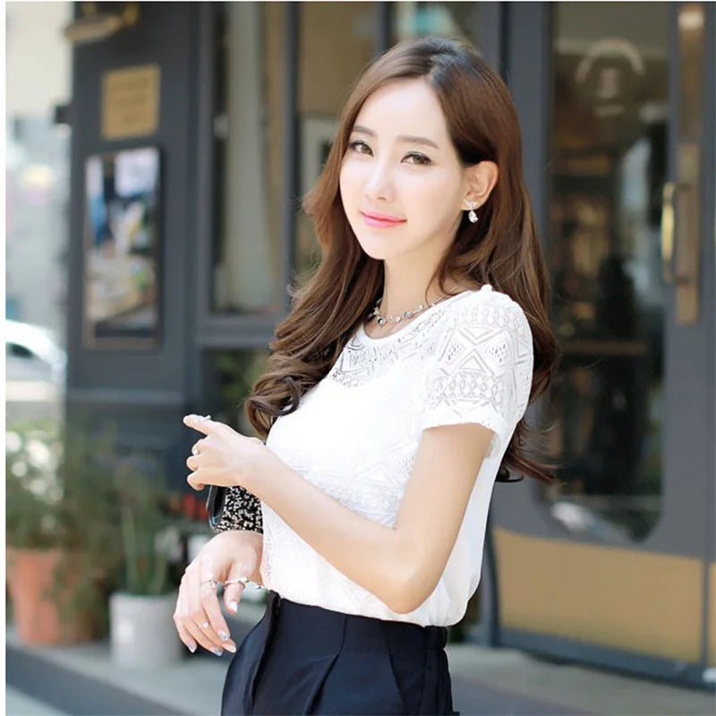 Women Summer Chiffon Blouse Lace Crochet Female Korean Shirts Ladies Blusas Tops Shirt White Blouses Slim Fit Tops 2024 New