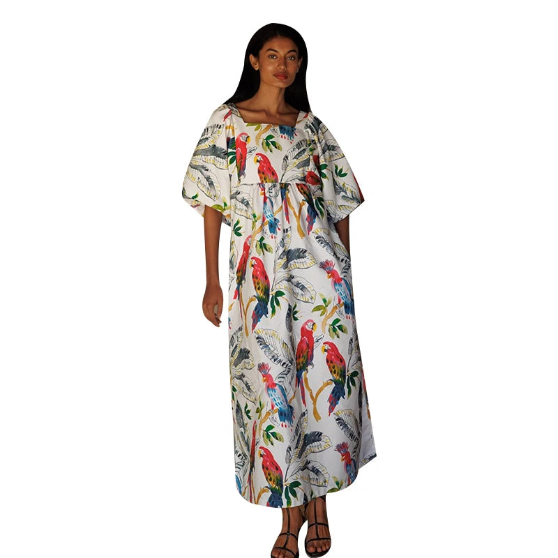 Vintage Print Patchwork Long Dresses Women Fashion Lantern Shorts Sleeves Loose Maxi Dress 2024 Lady Casual Vacation Streetwear