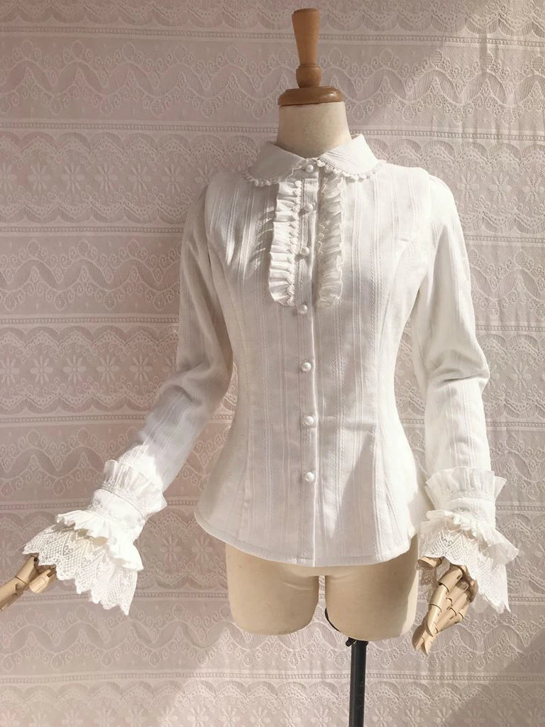 Japanese Preppy White Shirts Women Vintage Victorian Elegant Lace Ruffles Blouses Sweet Lolita Long Sleeve Slim Crop Tops New