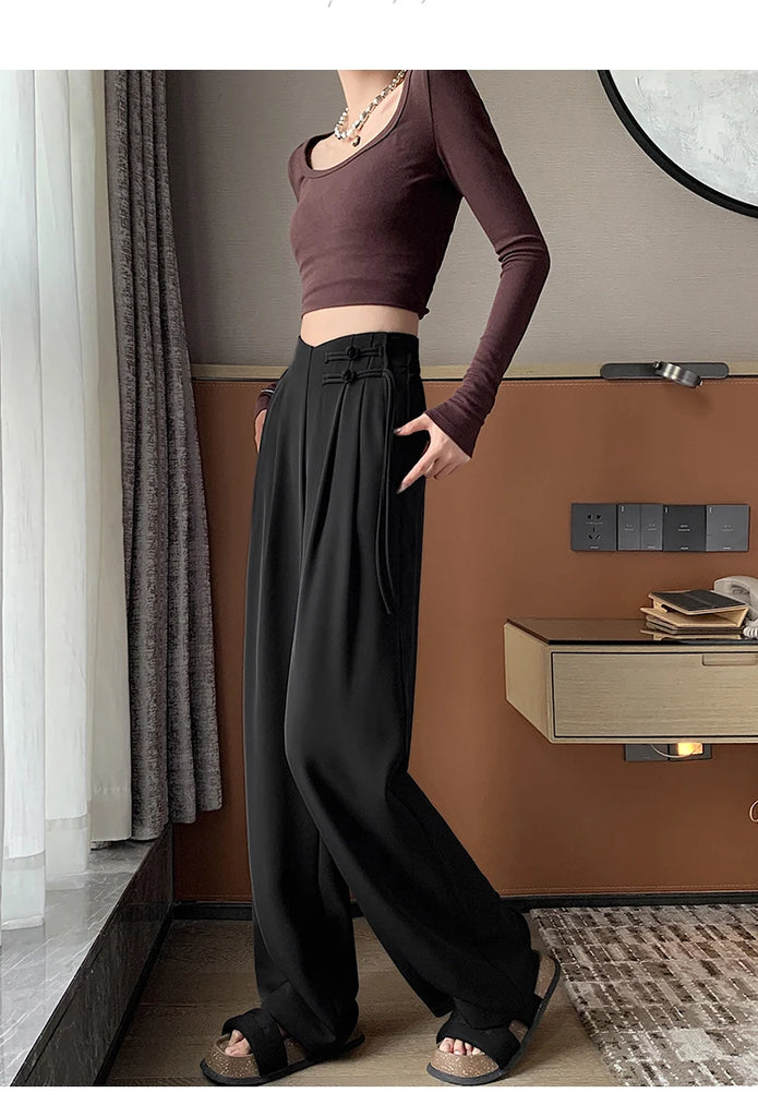 High Waist Buttons Suit Wide Leg Women's Full Pants 2024 New Spring Summer Female Elegant Minimalism Straight Loose Trousers