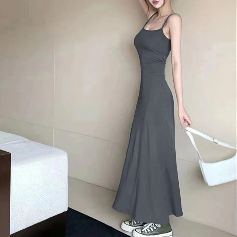 Spaghetti Strap Dresses Women Retro Sexy Slim Simple Daily Streetwear Ulzzang Midi Trendy Pure Vestidos Summer Ladies Sleeveless