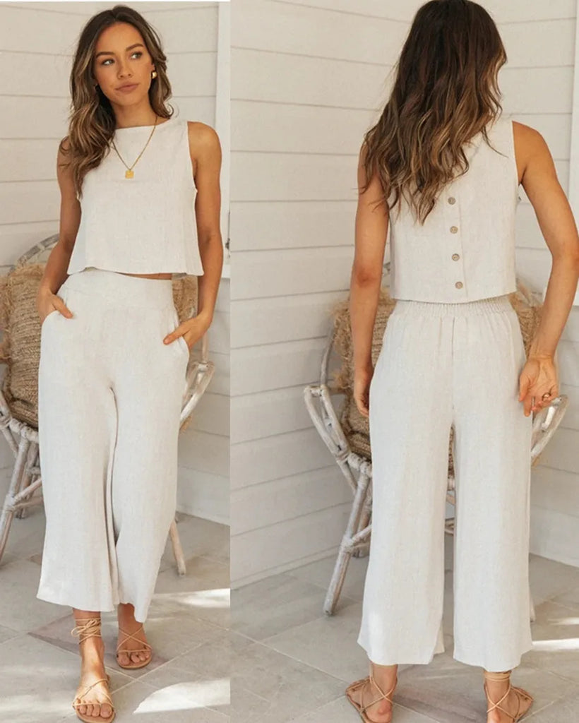 Summer Women's Solid Top Shirt 2 Piece Set Fashion O-neck Sleeveless Casual Elegant Sets 2023 New