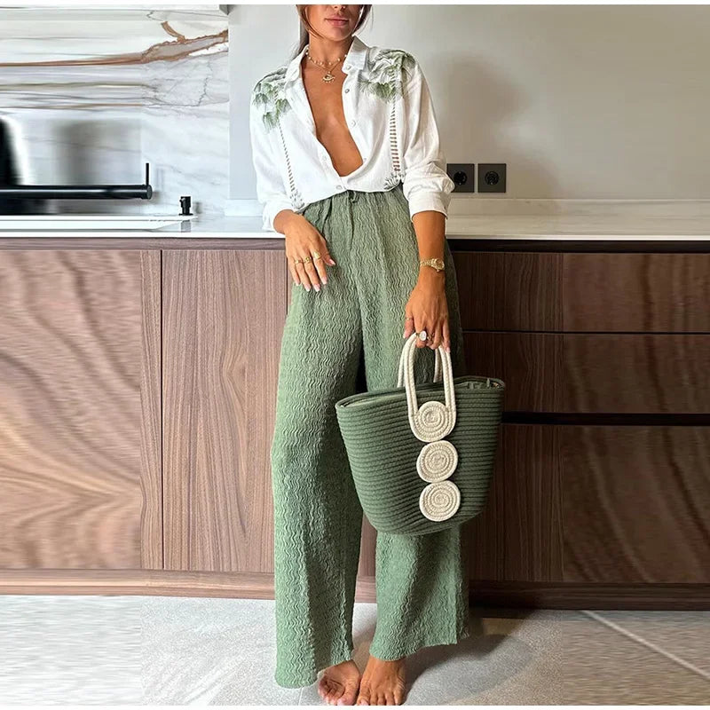 Casual Green Print Shirts Set Women Loose Single Breasted Blouses Pleated Drawstring Wide Leg Pants 2024 Summer Lady Outfit