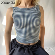 Load image into Gallery viewer, Xeemilo Korean Fashion Bow Backless Tank Top 2023 Casual Streetwear Plaid Print Sleeveless Crop Tops Summer Slim Fashion Corsets