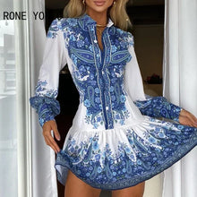 Load image into Gallery viewer, Women Casual All Over Print button Long sleeve Pleated Mini shirt Dresses