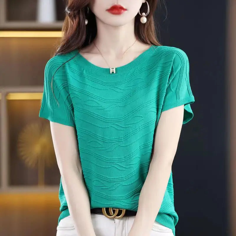 Women's Clothing Summer Fashion Elegant Solid 3D Wave Ice Silk Knitted T-shirts Simple Casual Short Sleeve Loose Pullover Tops