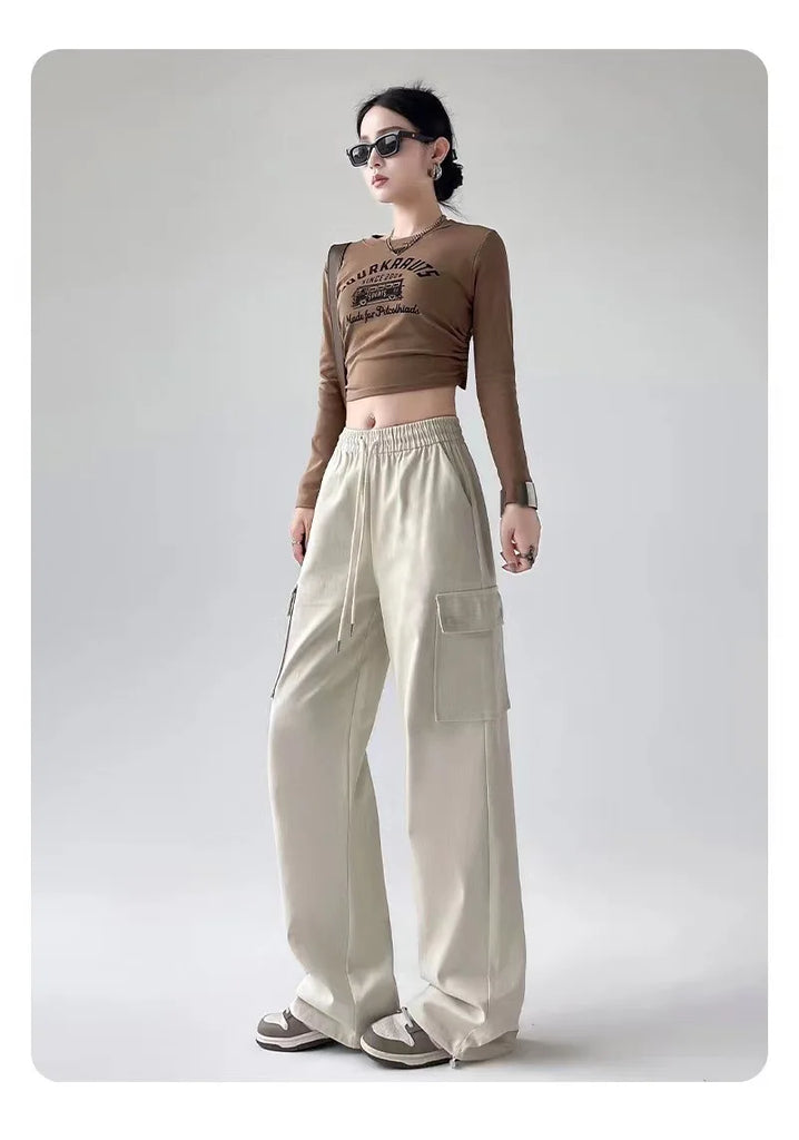 Women Solid Color Fashion Temperament Straight  Cargo Pants Casual Big pocket Wide leg Long Pants Sports outside trousers