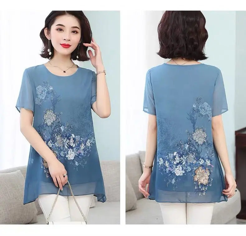 Summer Floral Printed Chiffon Shirt Short Sleeve Female Clothing Loose Stylish Asymmetrical Commute O-Neck Spliced Midi Blouse