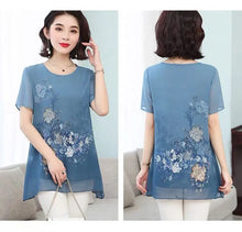 Load image into Gallery viewer, Summer Floral Printed Chiffon Shirt Short Sleeve Female Clothing Loose Stylish Asymmetrical Commute O-Neck Spliced Midi Blouse