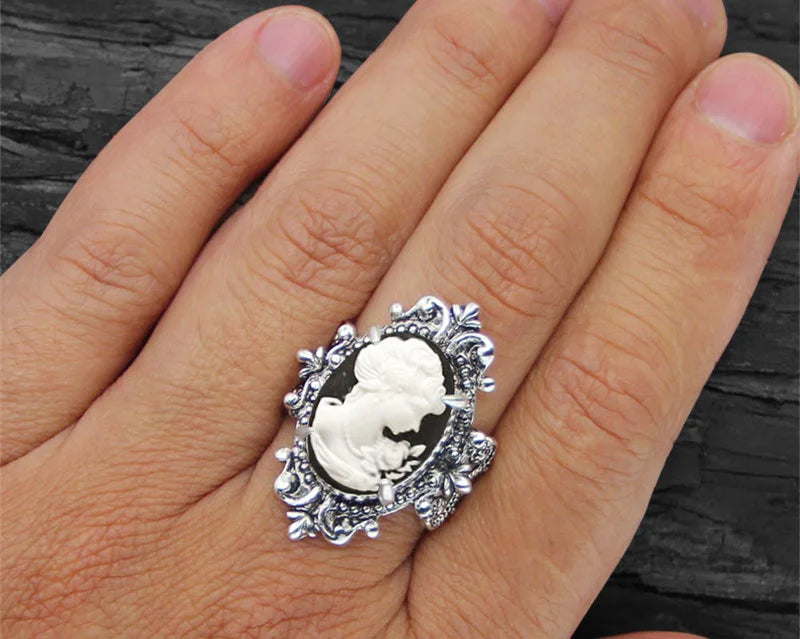 Vintage Leaf Lady Queen Cameo Rings For Women Antique Silver Plated Flower Cross Pink Cameo Ring Fashion Jewelry