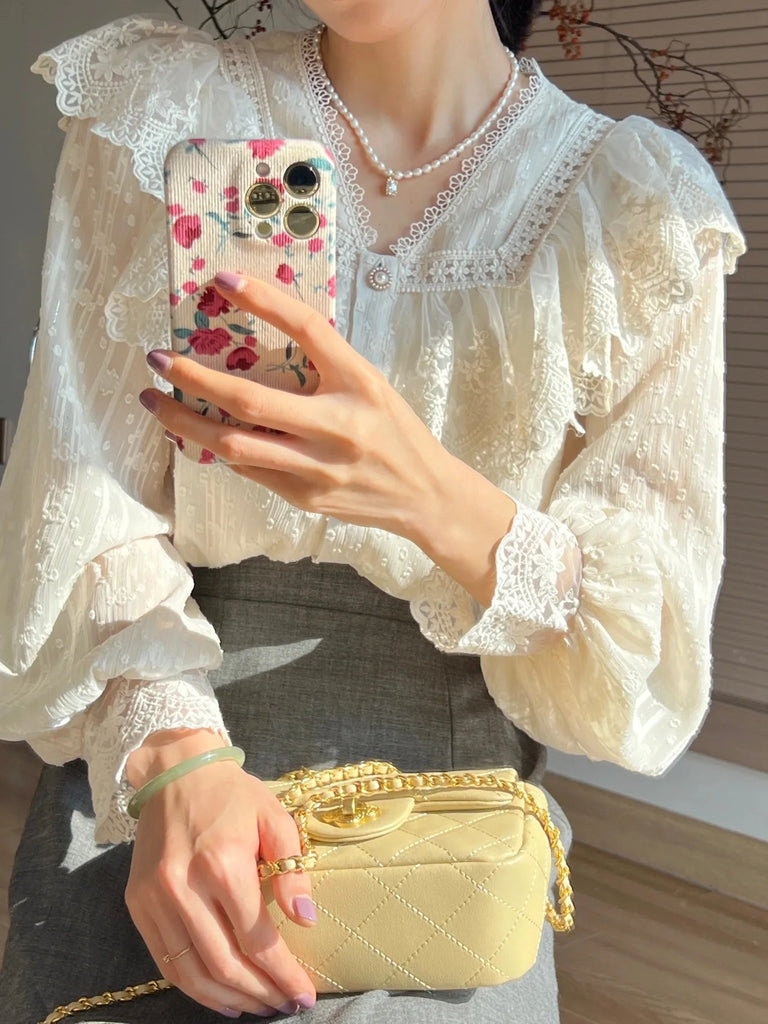 Vintage French Women Shirts Lace Lolita Elegant Long Sleeve Flounce Blouse High Quality Office Lady New Fashion Chic Female Tops