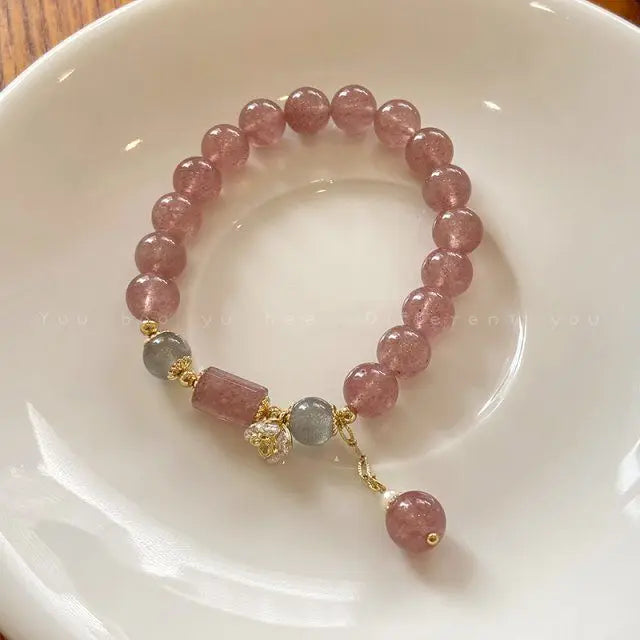 UMQ Natural Strawberry Quartz Pink Crystal Bracelet Female Special-Interest Design Girlfriends Light Luxury All-Match Jewelry