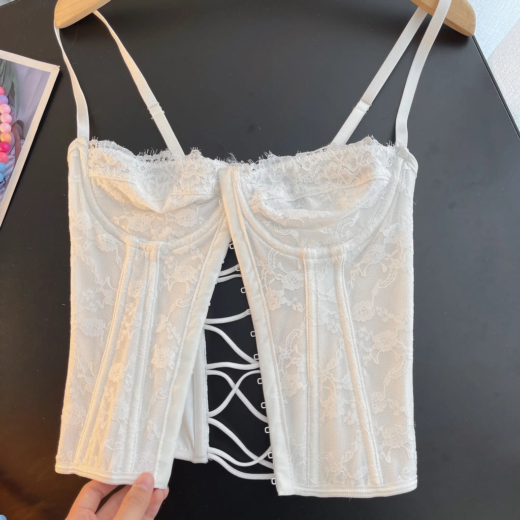 Sexy Embroidery Lace Women Camis Tops Women Corset Bralette Cami Front Buttons Crop Cute Vest Elegant French Chic Party Clubwear