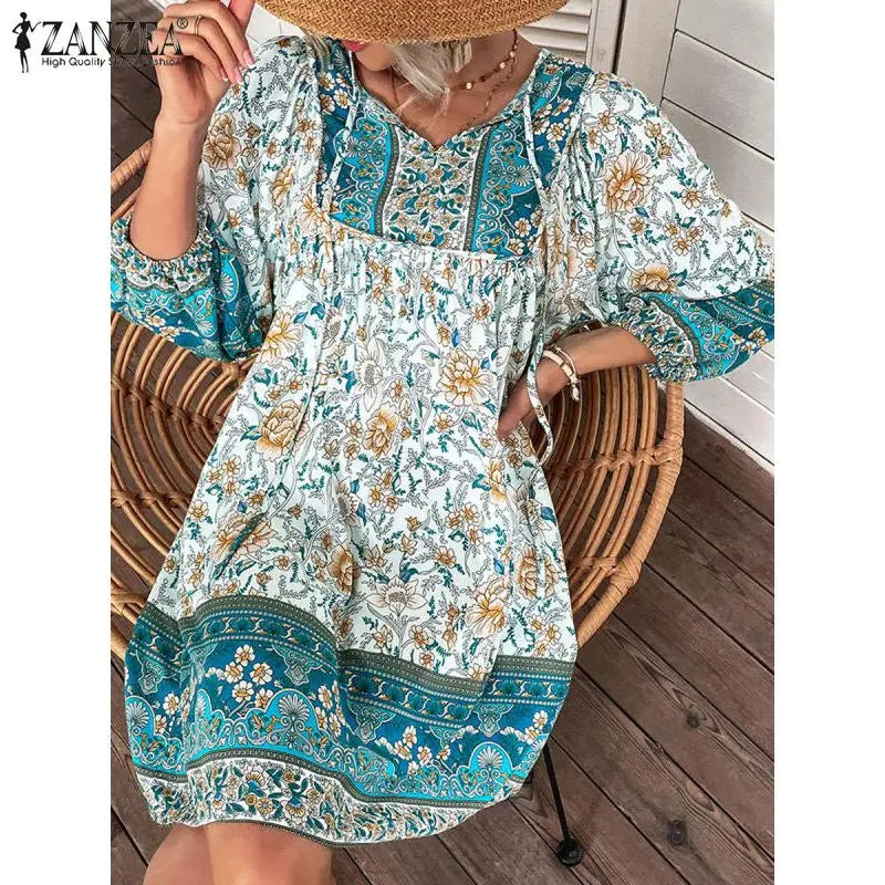 ZANZEA V-Neck Short Sleeve Floral Printed Sundress Women Summer Bohemian Dress Vintage Loose Elegant Casual Holiday Beach Robe