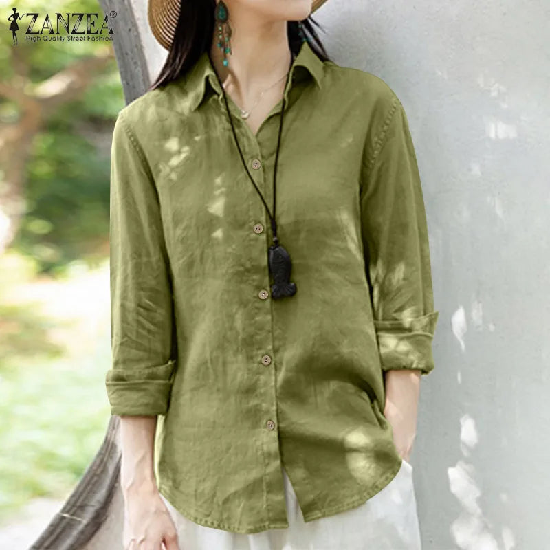 ZANZEA Female Fashion Shirt Lapel Neck Long Sleeve Solid Color Blouse Women Summer Casual Pure Cotton Blusas Work Chemise 2023