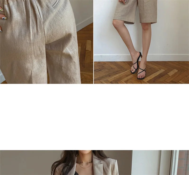 Flax Suit Women's Spring Summer 2023 New Casual Thin Cotton  Linen Small Blazers+shorts Two-piece Sets Comfortable Khaki Suits