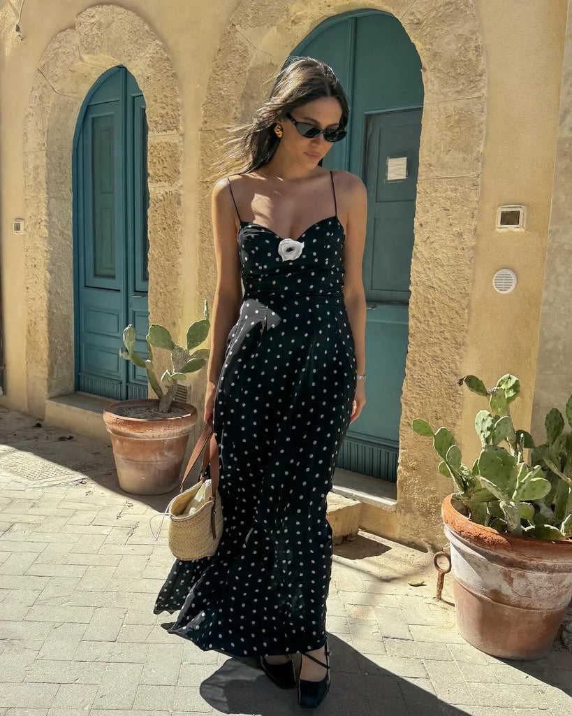 Sexy Black Spotted Backless A-line Sling Long Dresses Elegant Sleeveless High Waist Slim Dress Summer Lady Vacation Party Robes