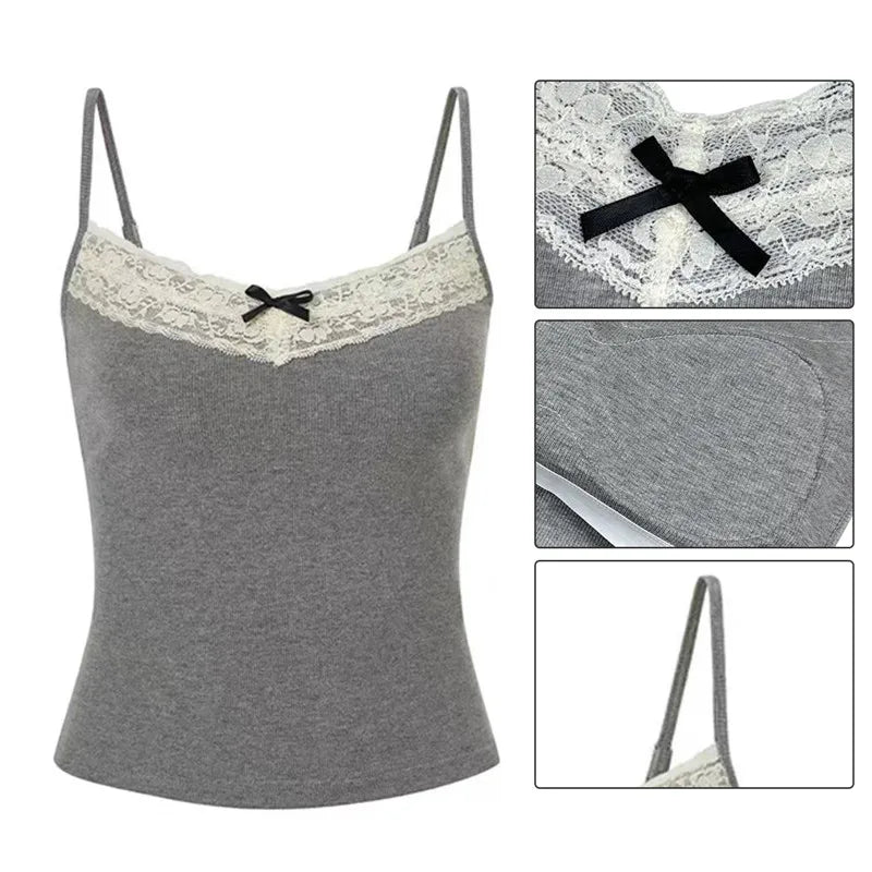 New Knitted Crop Top For Women Solid Color Lace Sling Tops Knitwear Tank Top Female Sexy Slim Camisole Sweet Short Beau Back Top