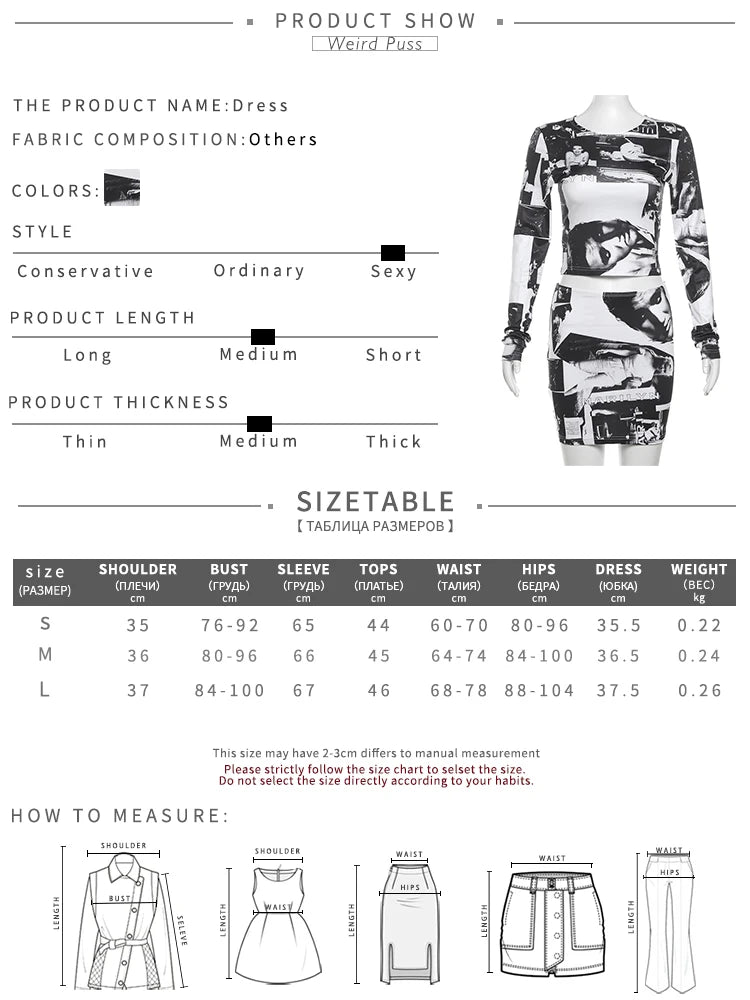 Weird Puss Face Print Women Tracksuit 2 Piece Set Hipster Spring Long Sleeve Crop Tops+Peach Hip Skirts Stretch Matching Suits