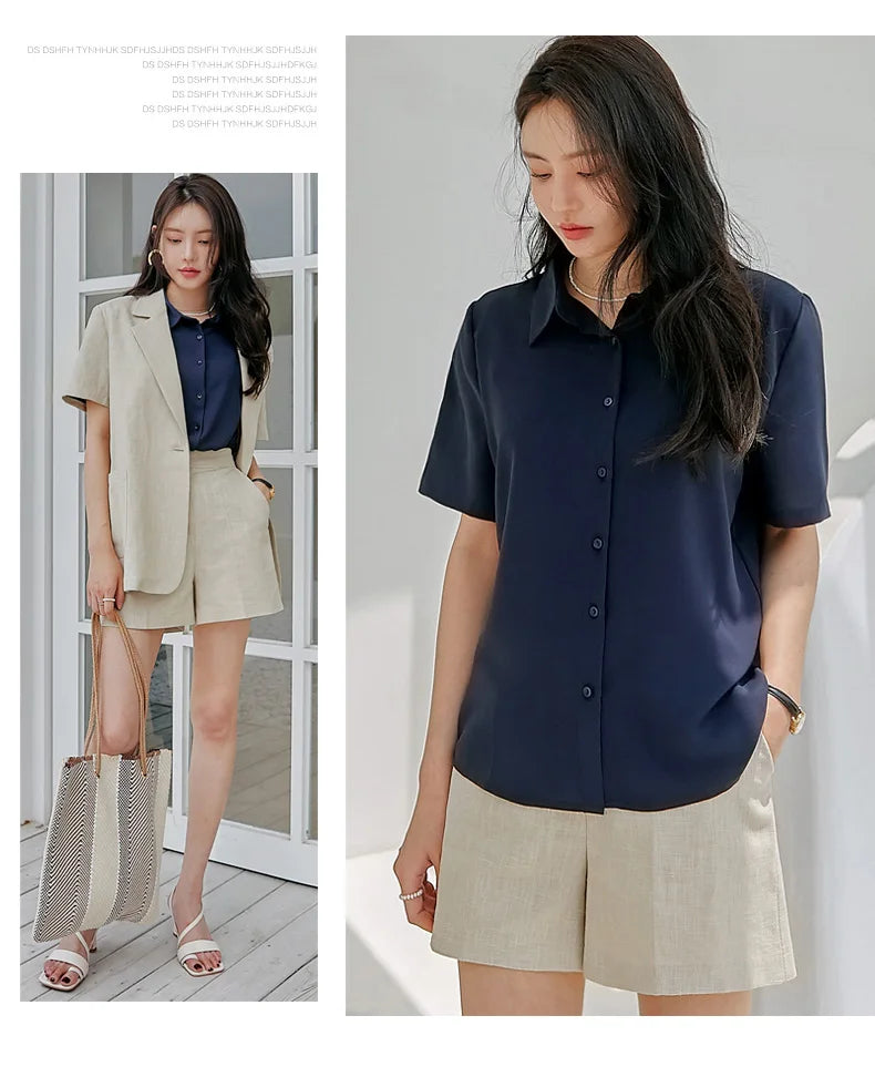 New Women'S Summer Lapel Short Sleeved Slimming Casual Versatile Shirt Female Comfortable Thin Fashionable Professional Top