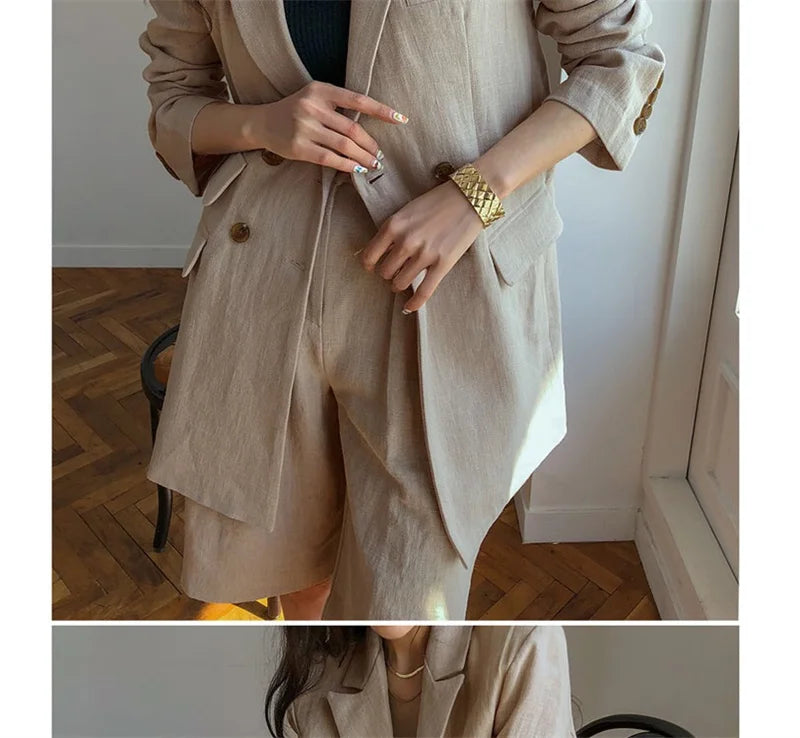 Flax Suit Women's Spring Summer 2023 New Casual Thin Cotton  Linen Small Blazers+shorts Two-piece Sets Comfortable Khaki Suits