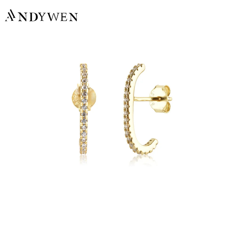 ANDYWEN 100% 925 Sterling Silver Gold Gold Line Piercing Stud Earring Women Pendiente Luxury Jewelry 2022 Crystal Jewelry