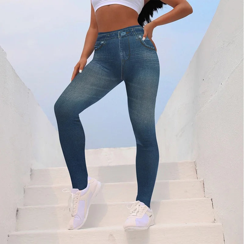 Women Super Strety Leggings Fashion Faux Denim Jeans Leggings Sexy Long Pocket Printing Leggins Summer Casual Pencil Pants