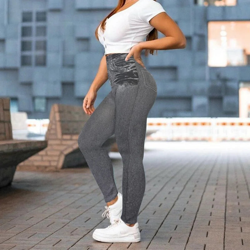 Women Super Strety Leggings Fashion Faux Denim Jeans Leggings Sexy Long Pocket Printing Leggins Summer Casual Pencil Pants