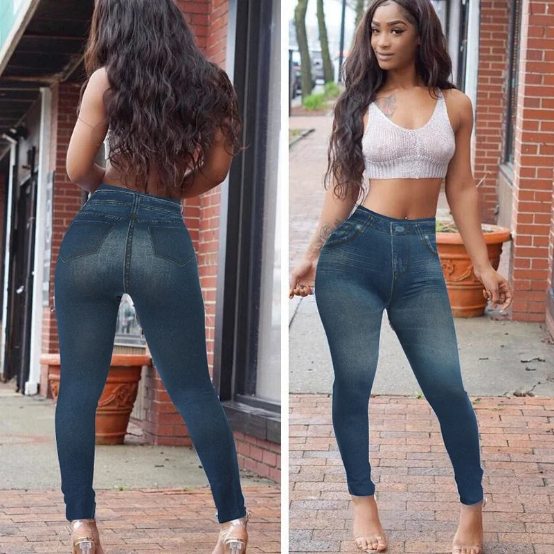 Women Super Strety Leggings Fashion Faux Denim Jeans Leggings Sexy Long Pocket Printing Leggins Summer Casual Pencil Pants